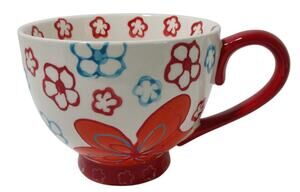 Dutch Wax Ceramic Footed White & Red Floral Coffee / Tea Mug 14OZ